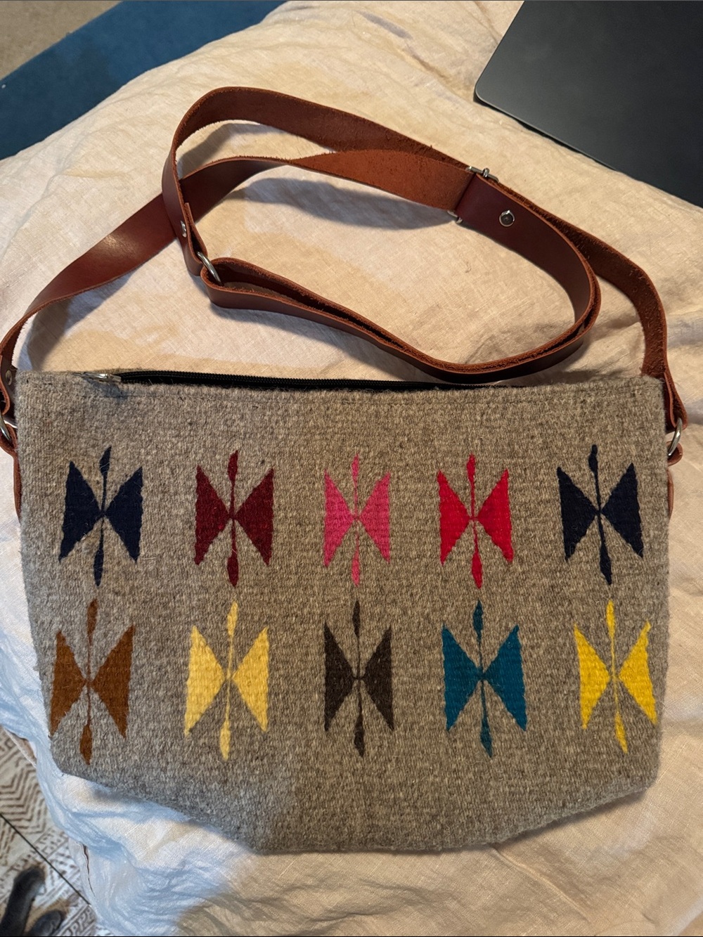 Hand Woven Gray Wool Patterned Hand Made  Bag with Brown Leather Strap